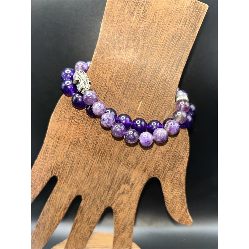 2 Beaded Stretch Bracelets Amethyst And Purple Glass Size 6.5